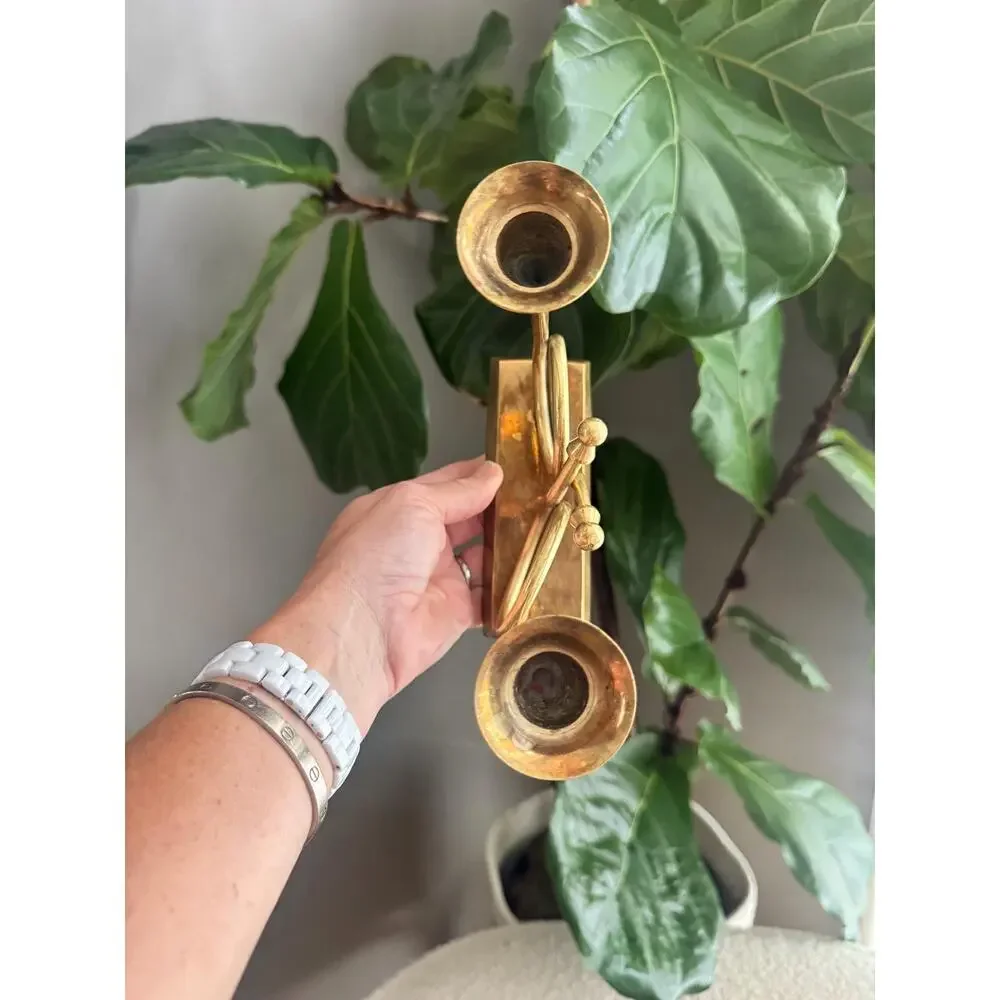 Vintage Enesco Brass French Horn Double Candleholder - Midcentury Shelf Decor